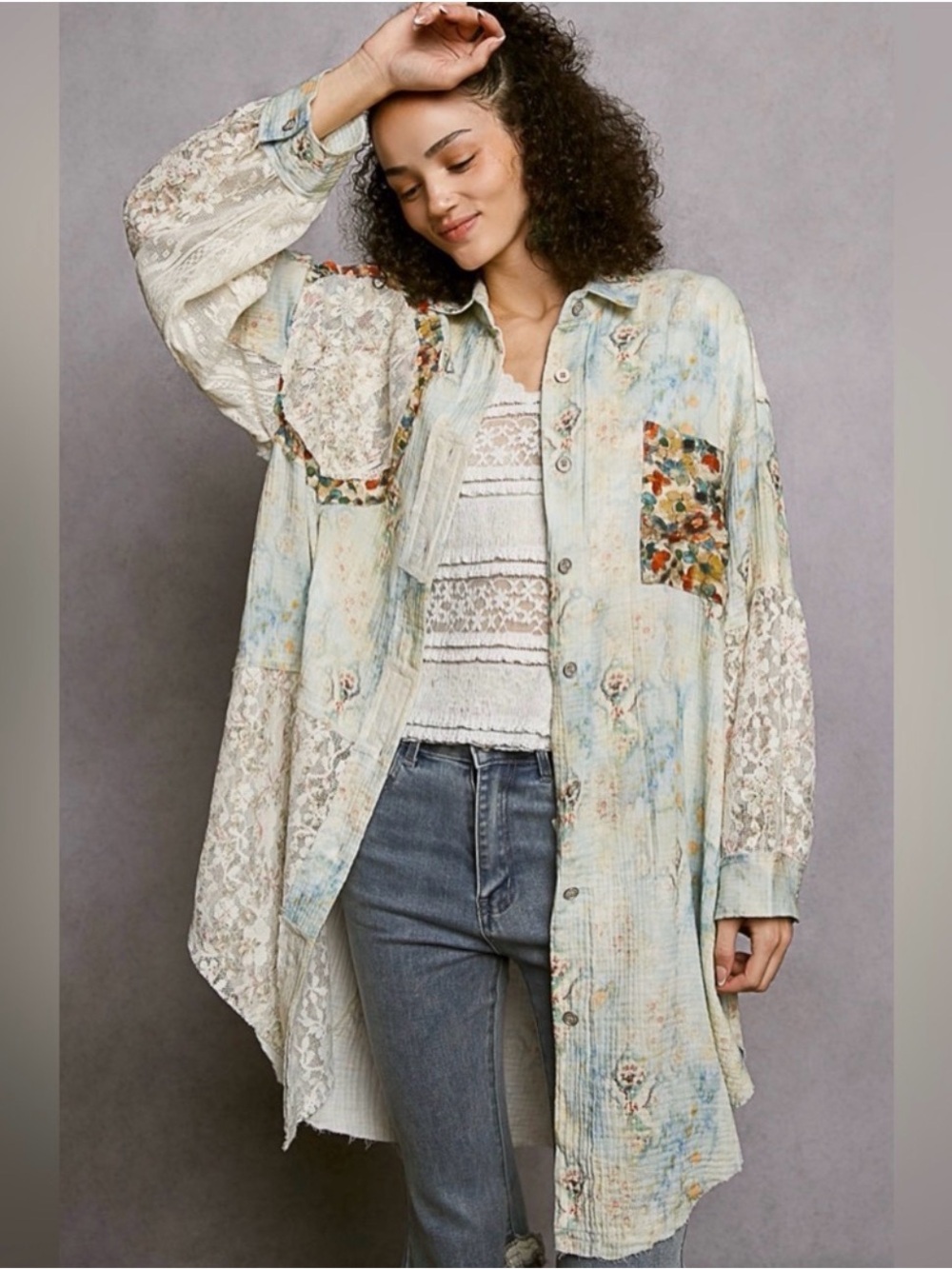 POL Patchwork Lace-Panel Button-Down Shirt Jacket in Light Blue and Cream